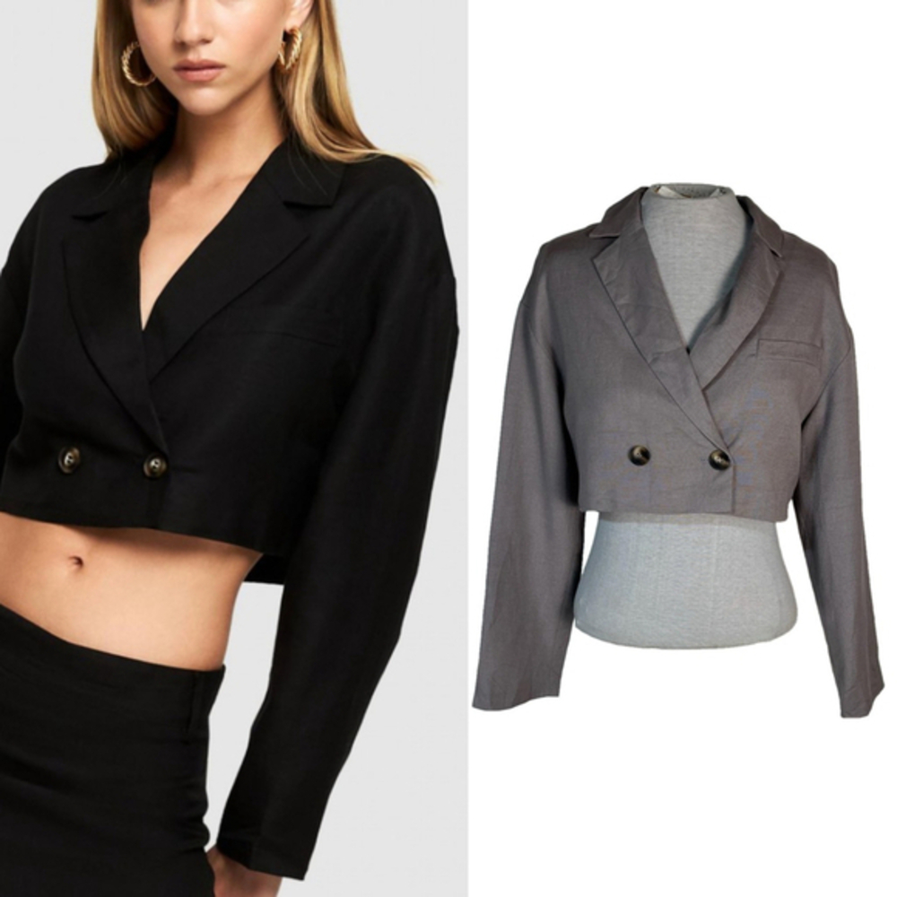 Lioness Avaris Blazer Women’s Small Grey Cropped Linen Viscose Jacket Button